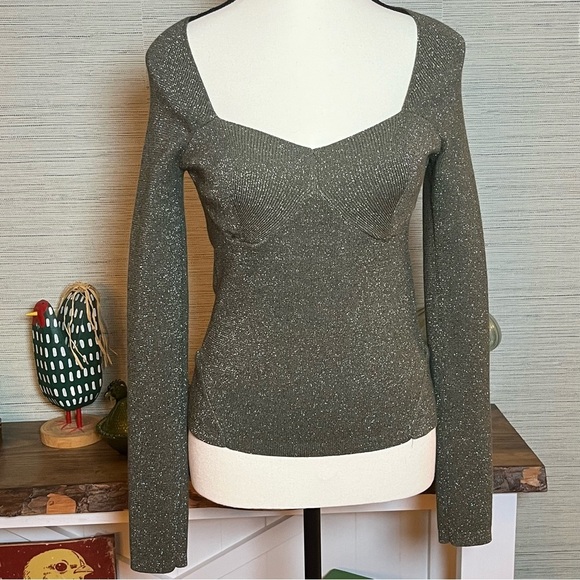 House of Harlow 1960 Sparkle Metallic Dark Green Knit Sweater Womens Size Medium - Picture 4 of 7